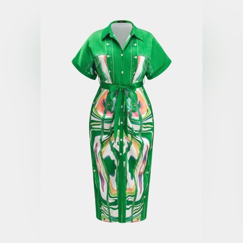 Micas satin Green Patterned Women's Dress 2XL CC12-11